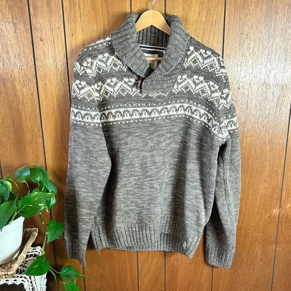 Weatherproof‎ Vintage Men's Shawl Collar Fair Isle Knit Sweater Brown Cabincore